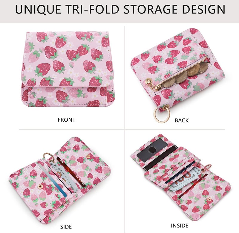 Sunpour Women Small Wallet RFID Blocking Slim Wallet with Coin Pocket Tri-Fold Credit Card Holder with ID Window and Keychain (Strawberry) - Image 3